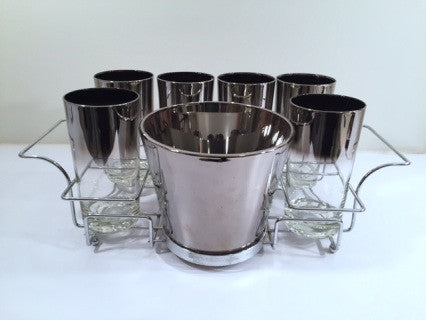 Sidney Sigety Vitreon Queen's Luster Silver Ombre Platinum roses bar set. Four hi-ball glasses with original buy handled caddy.