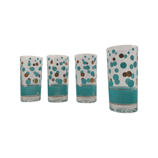 Fred Press Signed Mid-Century Turquoise and 22-Karat Gold Polka Dot Glasses (Set of 4)