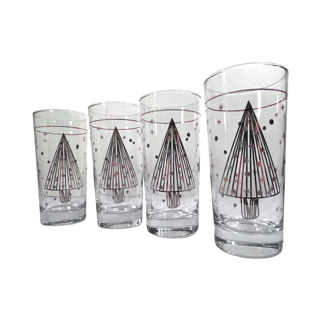 Culver Mid-Century Silver and Gold Christmas Tree Glasses (Set of 4)