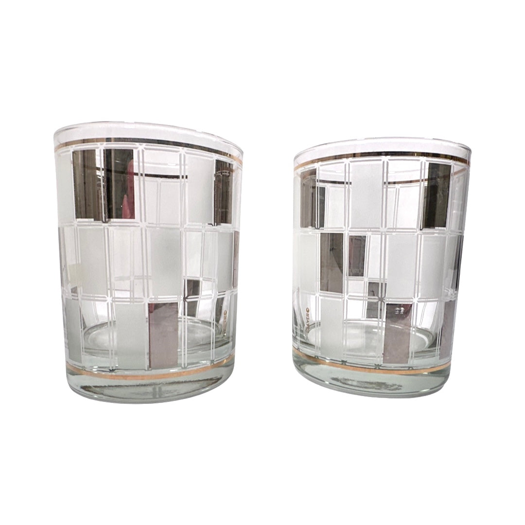 Culver Signed Mid-Century Silver Gold and Frosted Double Old Fashion Glasses (Set of 2)