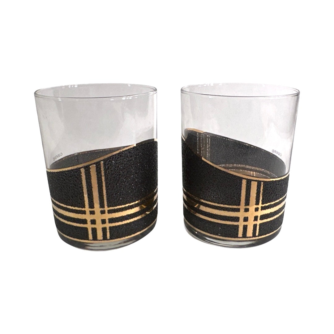 Culver Signed Mid-Century Black and Gold Textured Double Old Fashion Glasses (Set of 2)