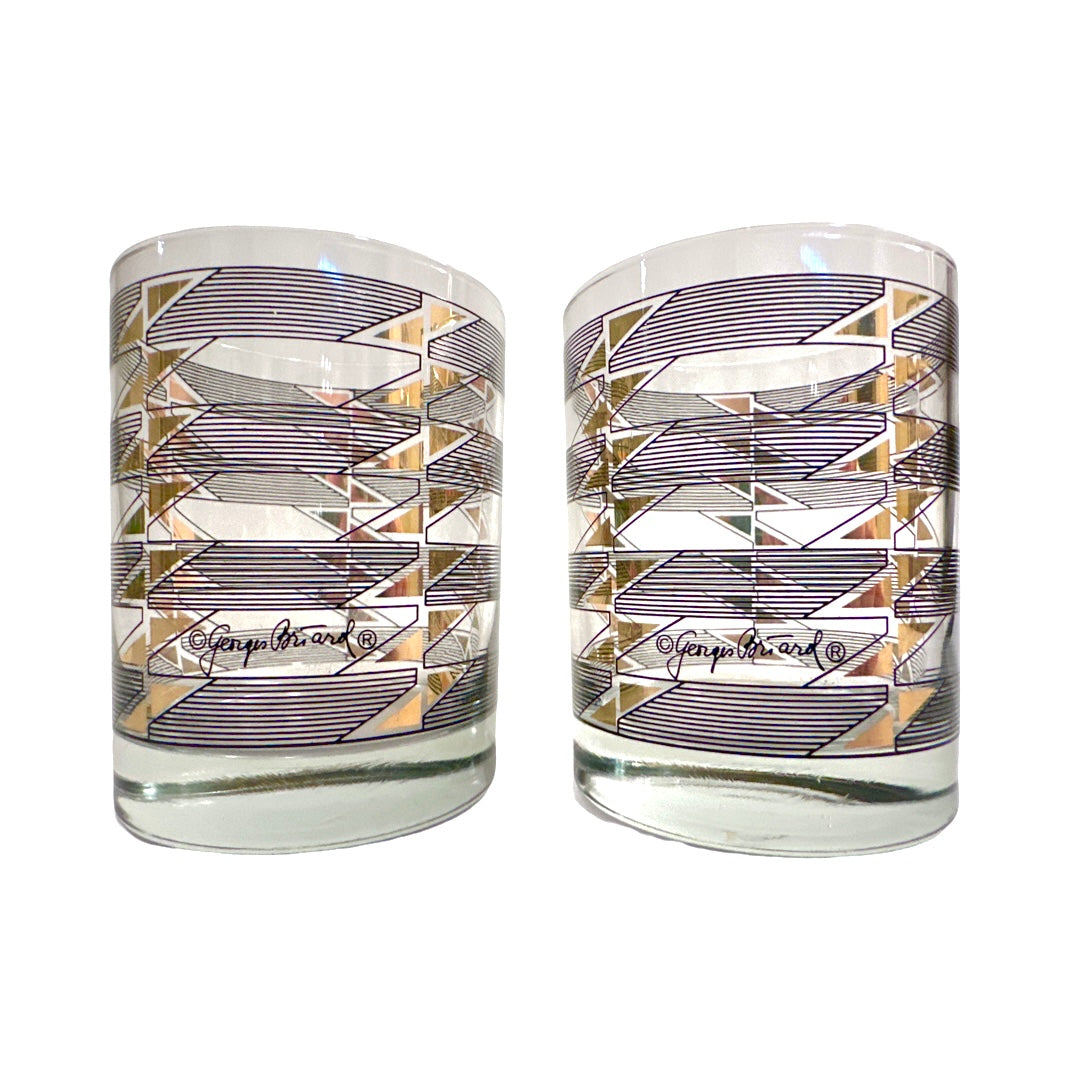 Georges Briard Signed Gold Triangle Black Stripes Double Old Fashion Glasses (Set of 2)