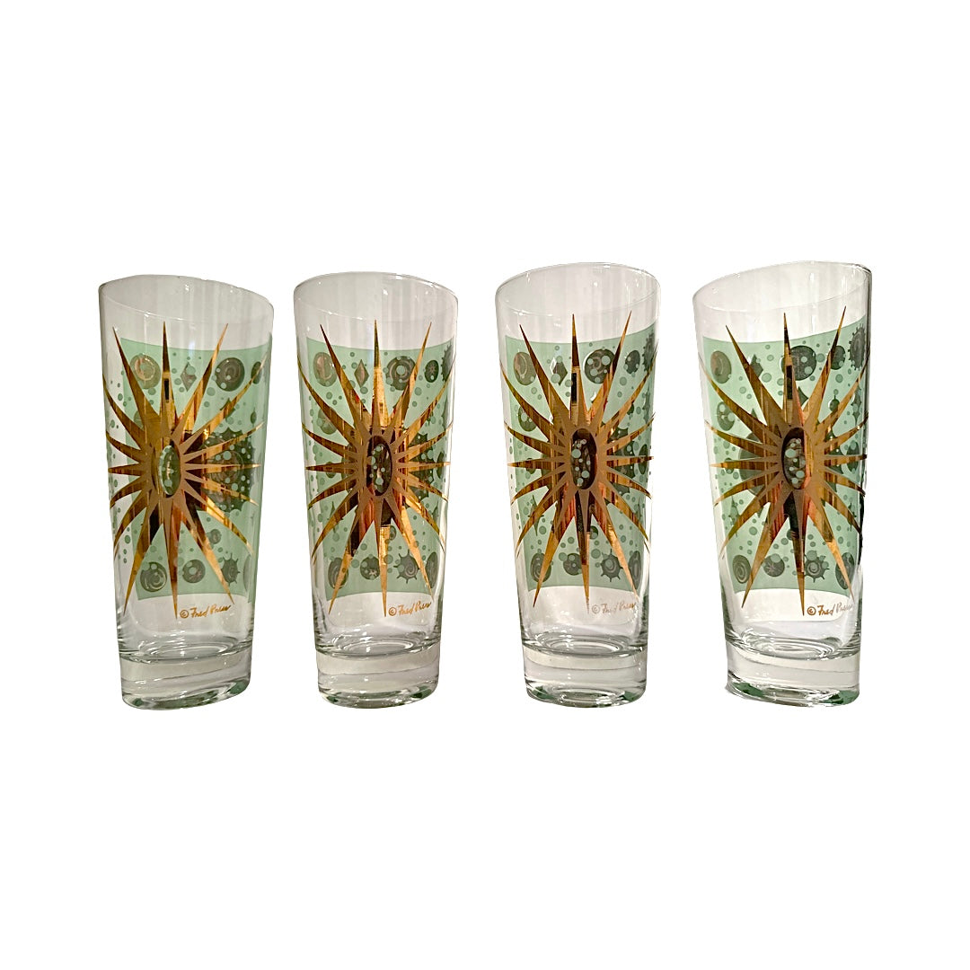 Fred Press Signed Mid-Century Green and Gold Atomic Starburst Collins Glasses (Set of 4)