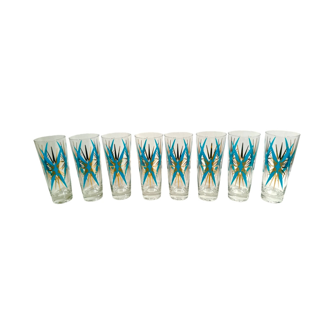 Federal Glass Inca Atomic Turquoise and 22-Karat Gold Starburst Collins Glasses (Set of 8)