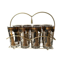 Load image into Gallery viewer, Fred Press Signed Mid-Century Black Gold Tassel Curtain Call Glasses (Set of 8 with Carrier)

