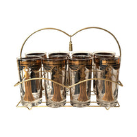 Load image into Gallery viewer, Fred Press Signed Mid-Century Black Gold Tassel Curtain Call Glasses (Set of 8 with Carrier)
