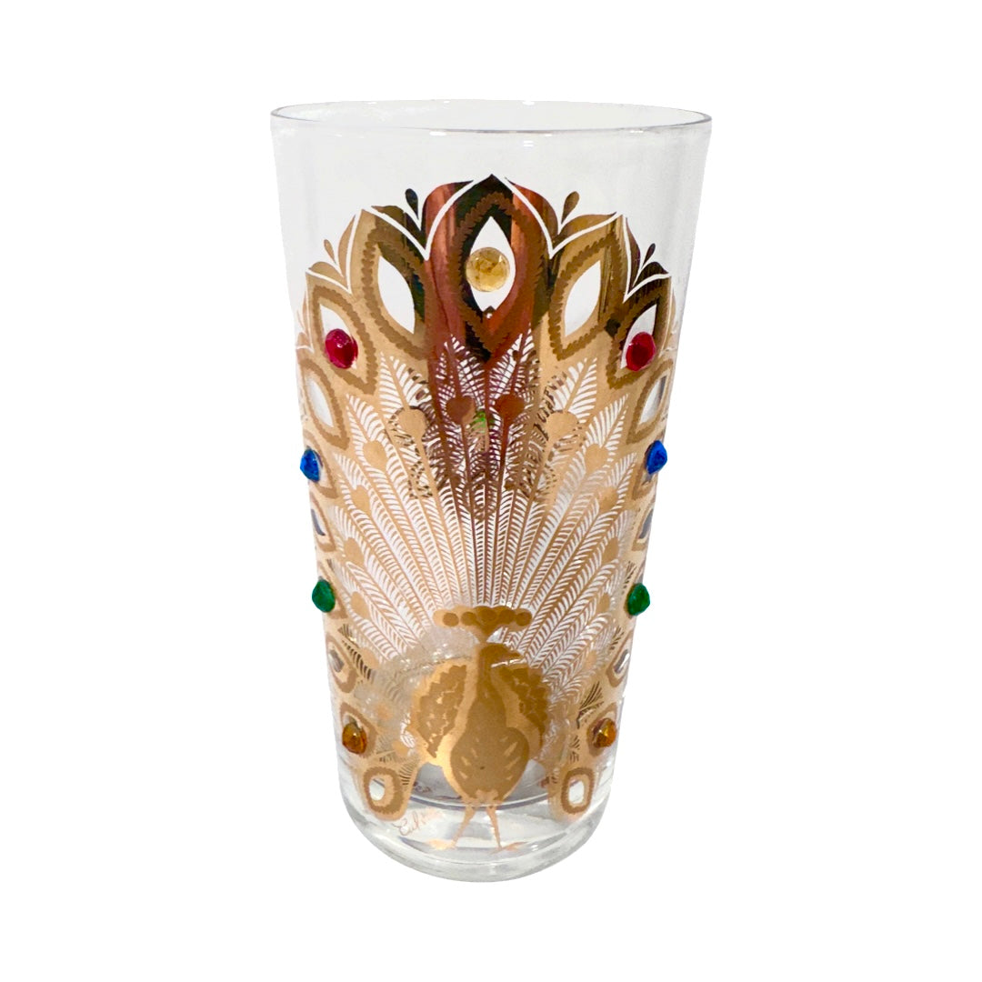 Culver Signed Mid-Century 22-Karat Gold Peacock Highball Glass