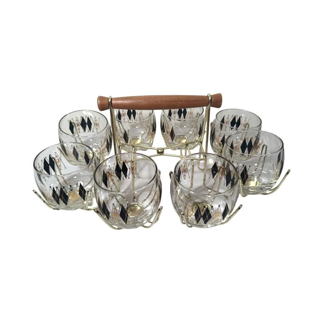 Federal Glass Mid-Century Gold and Black Harlequin Roly Poly 9 Piece Set