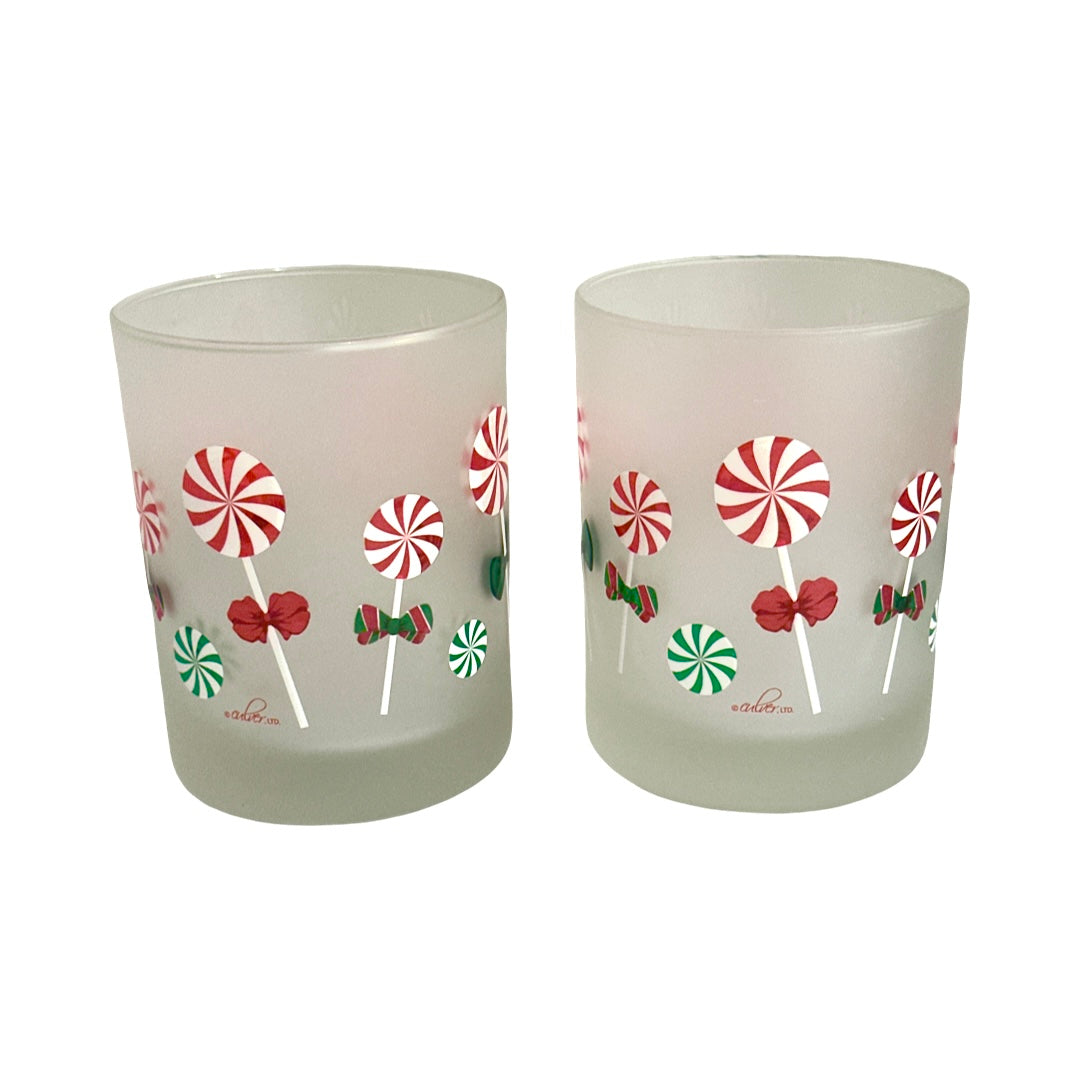 Culver Signed Mid-Century Christmas Candy Double Old Fashion Glasses (Set of 2)