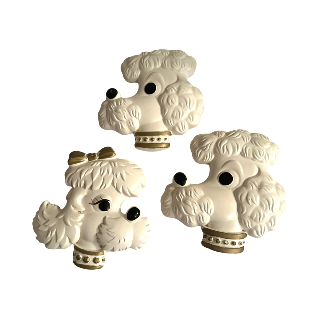 Vintage 1970's Miller Studio Chalkware Trio of White Poodle Wall Hanging Plaques