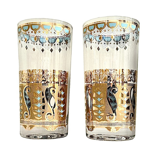 Culver Signed Mid-Century Saratoga Turquoise and 22-Karat Gold Highball Glasses (Set of 2)