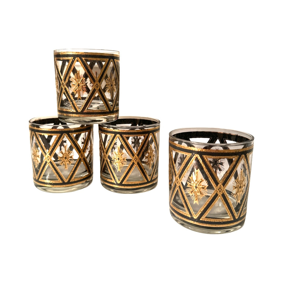 Culver Mid-Century Gold and Black Diamond Glasses (Set of 4)
