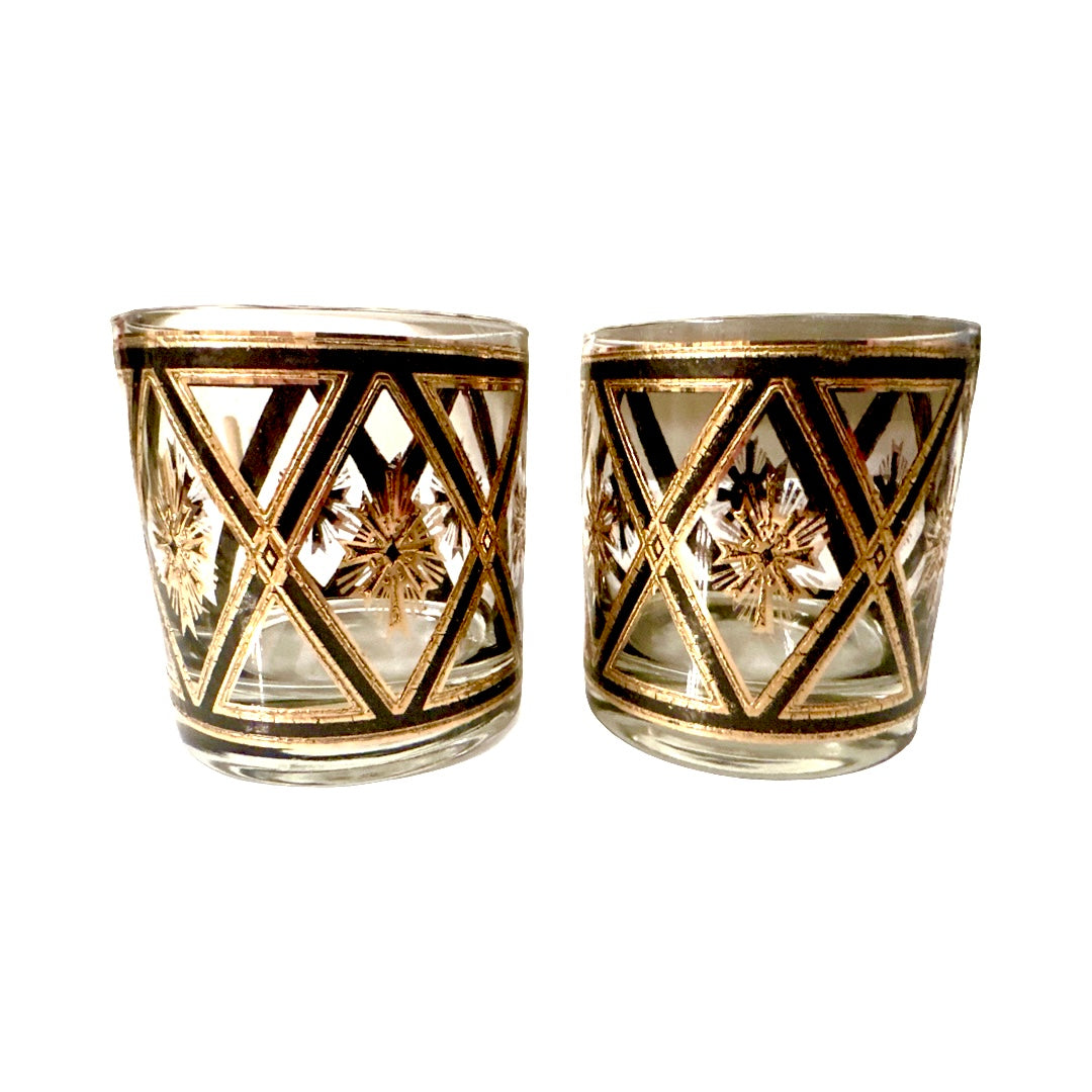 Culver Mid-Century Gold and Black Diamond Glasses (Set of 2)