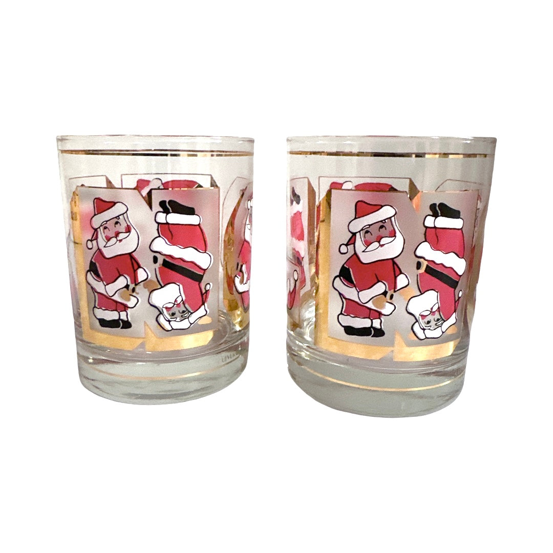 Culver Signed Mid-Century Santa Noel Double Old Fashion Glasses (Set of 2)