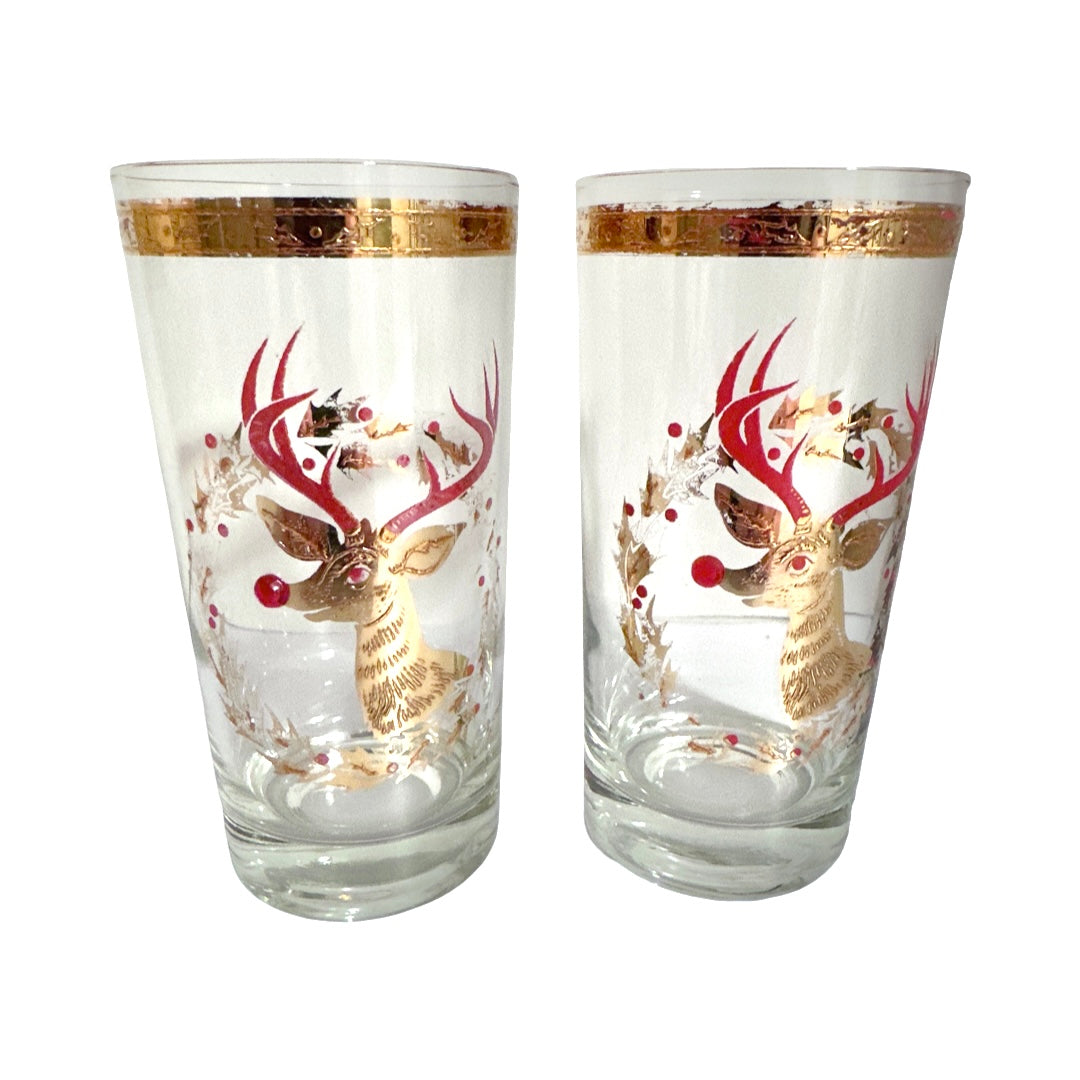 Culver Signed Mid-Century Rudolph The Red Nose Reindeer Highball Glasses (Set of 2)
