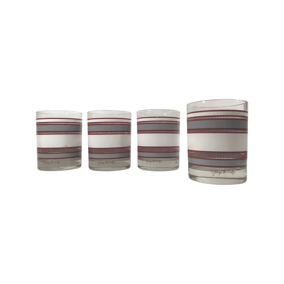Georges Briard Signed Mid-Century Rust-Gray-White Bands Double Old Fashion Glasses (Set of 4)
