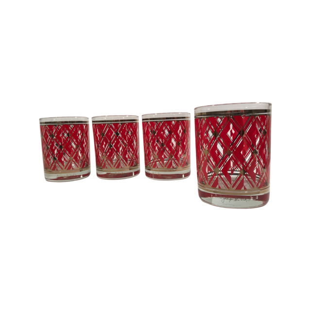 Georges Briard Signed Mid-Century Geometric Diamond Double Old Fashion Glasses (Set of 4)