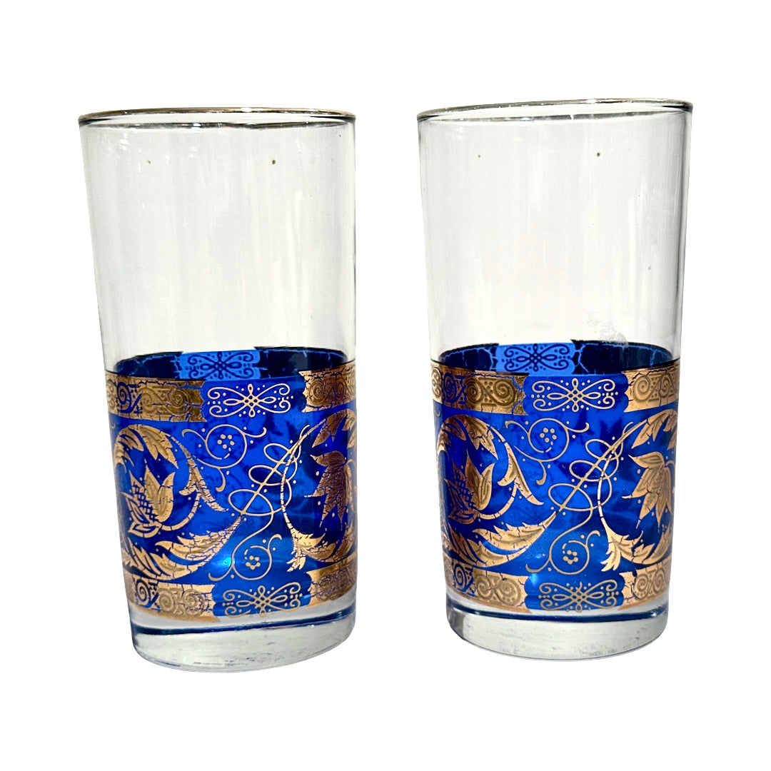 Vintage Hollywood Regency Blue and Gold Highball Glasses (Set of 2)
