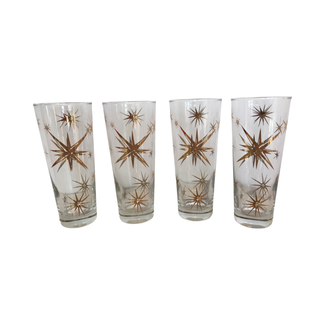 Federal Glass Mid-Century Golden Atomic Starburst Collins Glasses (Set of 4)