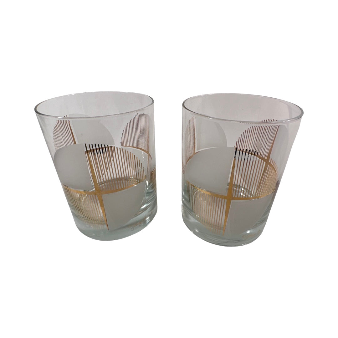Georges Briard Signed Geometric Starburst Double Old Fashion Glasses (Set of 2)
