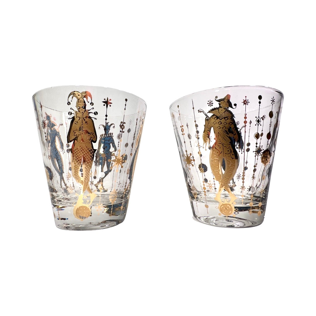 Culver Mid-Century Mardi Gras Jester Double Old Fashion Glasses (Set of 2)