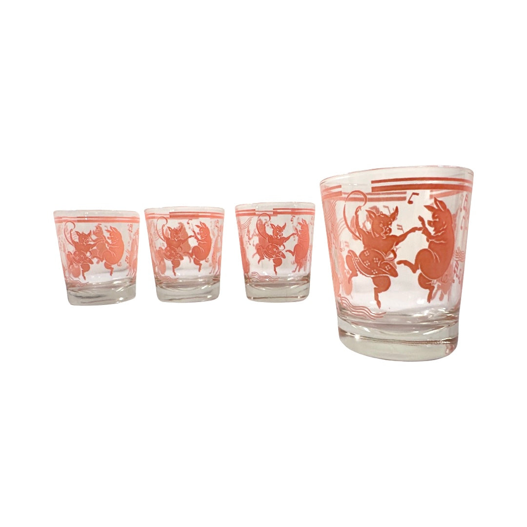 Hazel Atlas Mid-Century Pink Dancing Pig Glasses (Set of 4