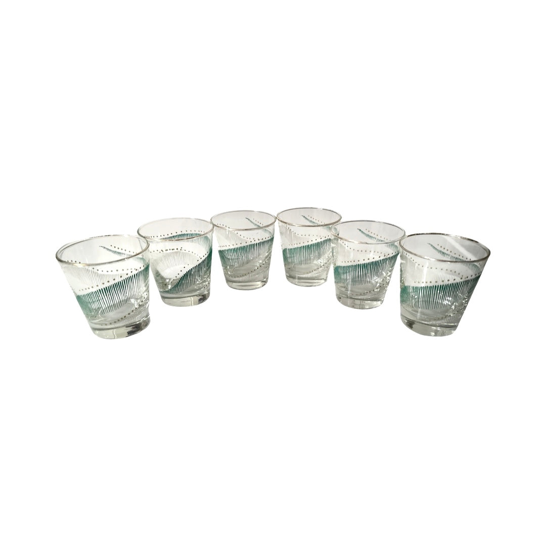 Libbey Mid-Century Green and White Geometric Glasses (Set of 6)