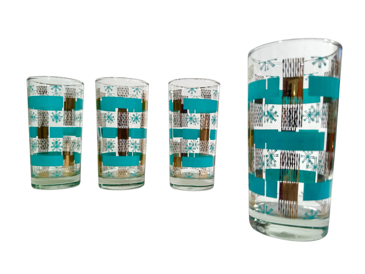 Dominion Glass Mid-Century Turquoise and Gold Snowflakes Glasses (Set of 4)