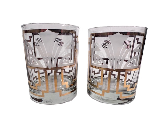 Georges Briard Signed Golden Art Deco Double Old Fashion Glasses (Set of 2)