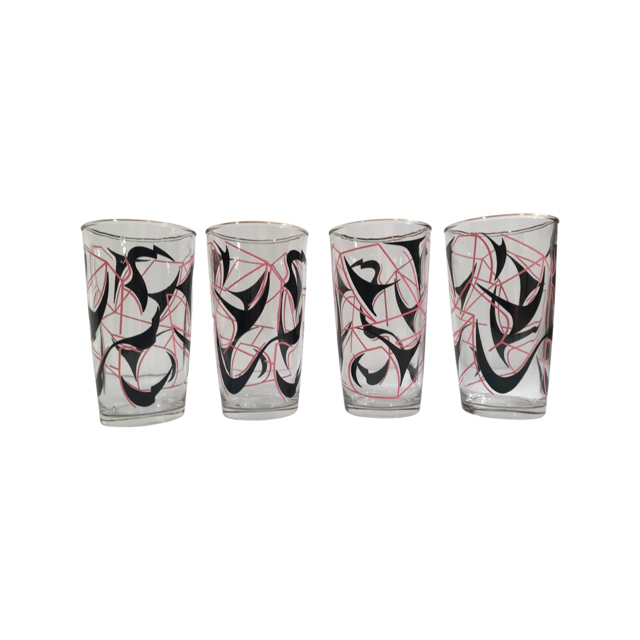Vintage Pink and Black Abstract Glasses (Set of 4)