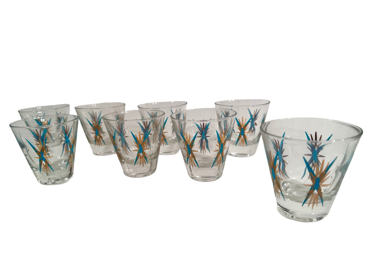 Federal Glass Inca Atomic Turquoise and 22-Karat Gold Starburst Jigger/Shot Glasses (Set of 8)