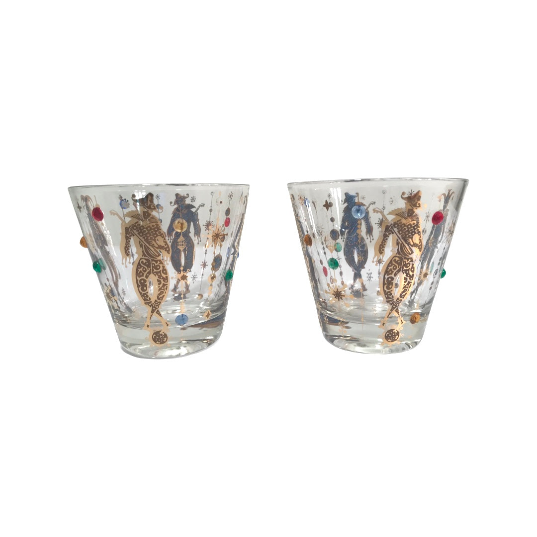 Culver Mid-Century Mardi Gras Jester With Jewels Old Fashion Glasses (Set of 2)