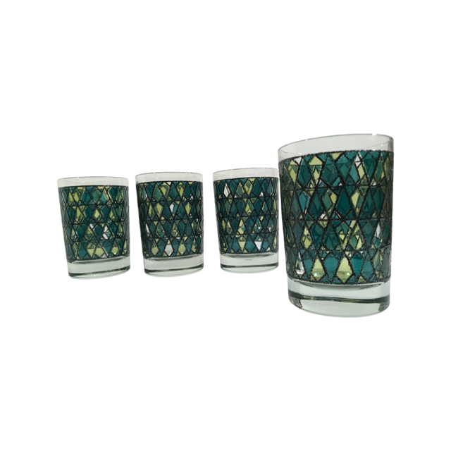 Mid-Century Chartreuses and Green Diamonds Double Old Fashion Glasses (Set of 4)