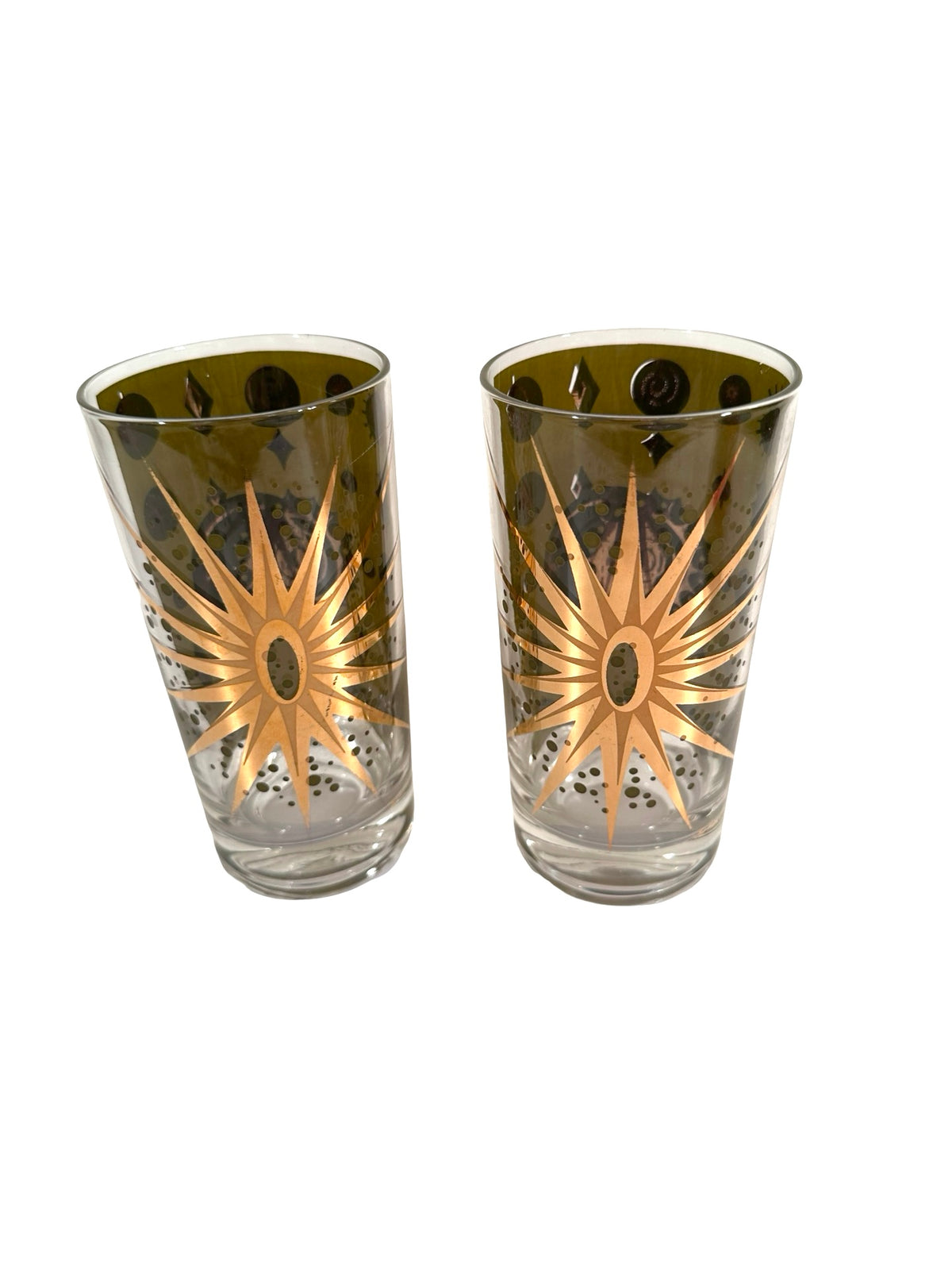 Fred Press Signed Mid-Century Green &amp; 22-Karat Gold Atomic Starburst Glasses (Set of 2)