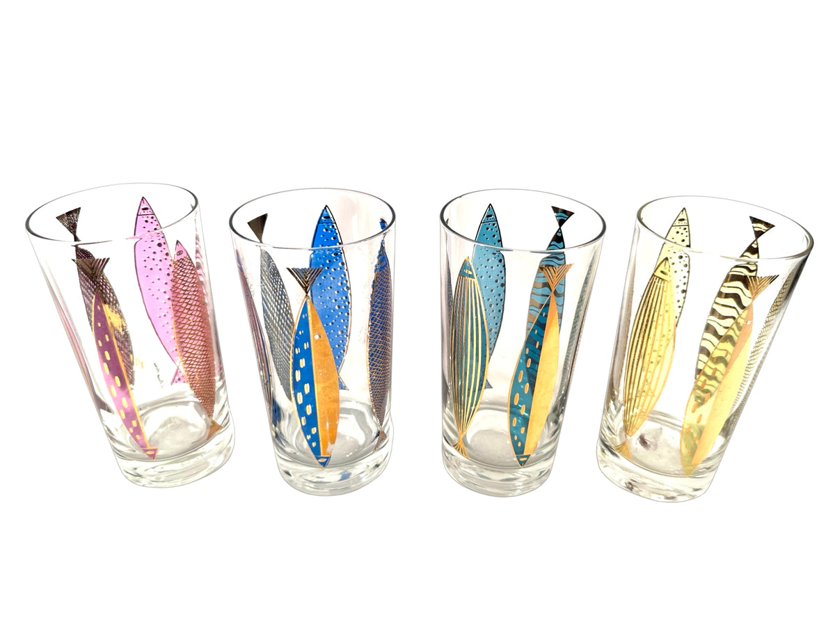 Fred Press Signed Mid-Century Fish Glasses (Set of 4)