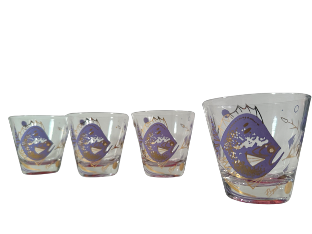 Psyche Signed Mid-Century Purple Under The Sea Old Fashion Glasses (Set of 4)