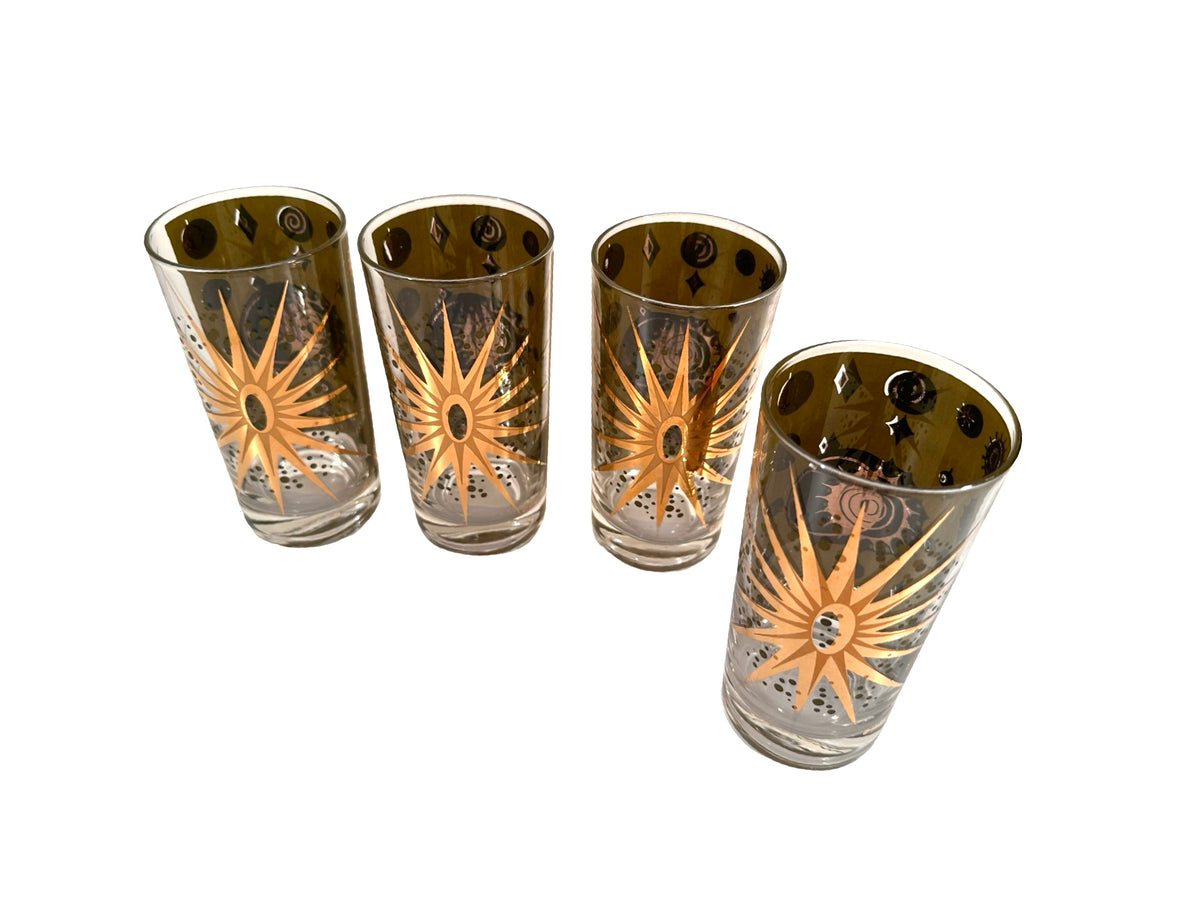 Fred Press Signed Mid-Century Green &amp; 22-Karat Gold Atomic Starburst Glasses (Set of 4)