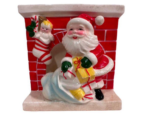 Vintage Ceramic Santa by Fireplace Planter