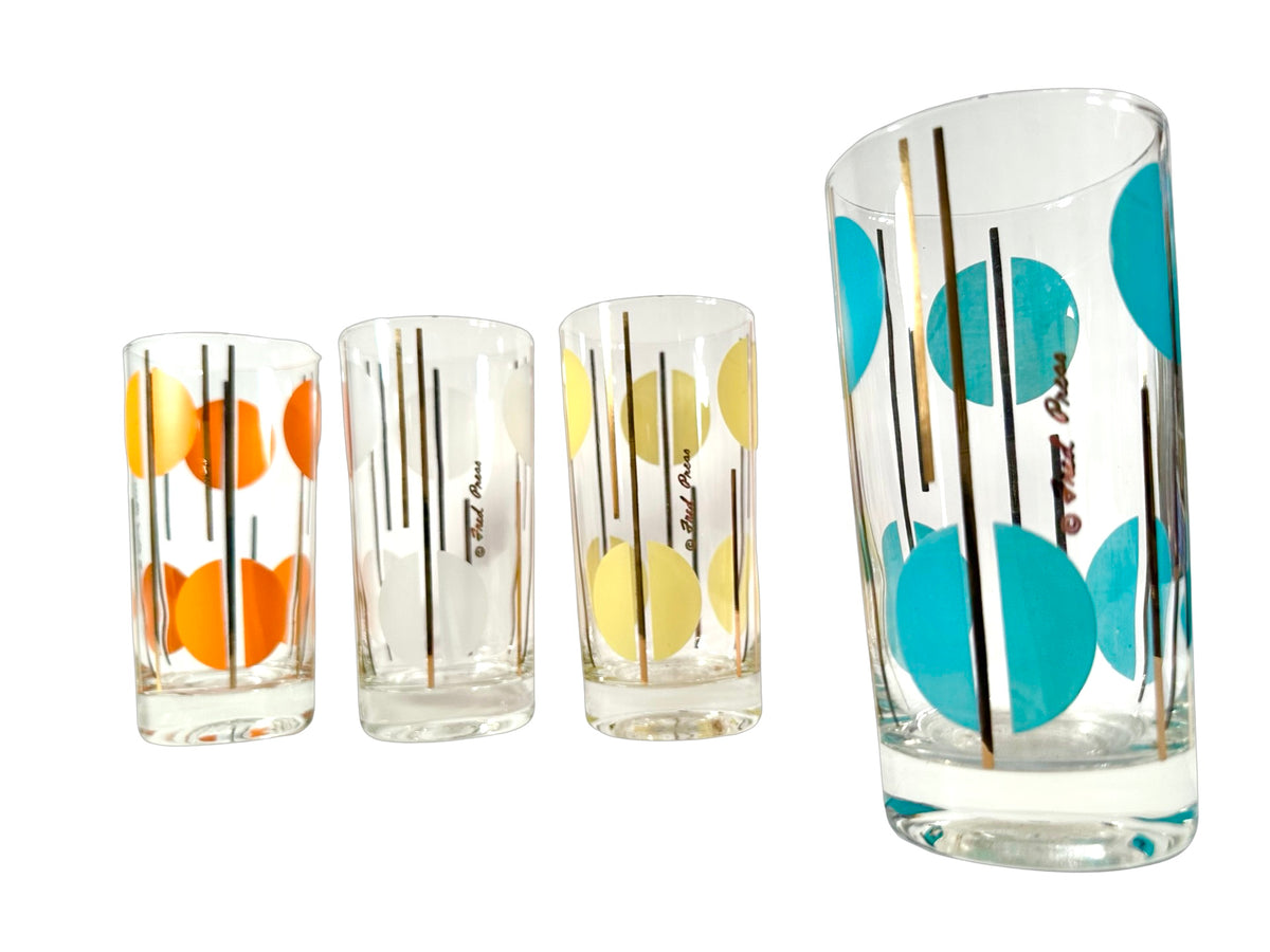 Fred Press Signed Mid-Century Multi Colored Polka Dot Glasses (Set of 4)