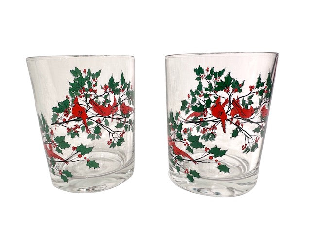 Mid-Century Red Cardinal Double Old Fashion Glasses (Set of 2)