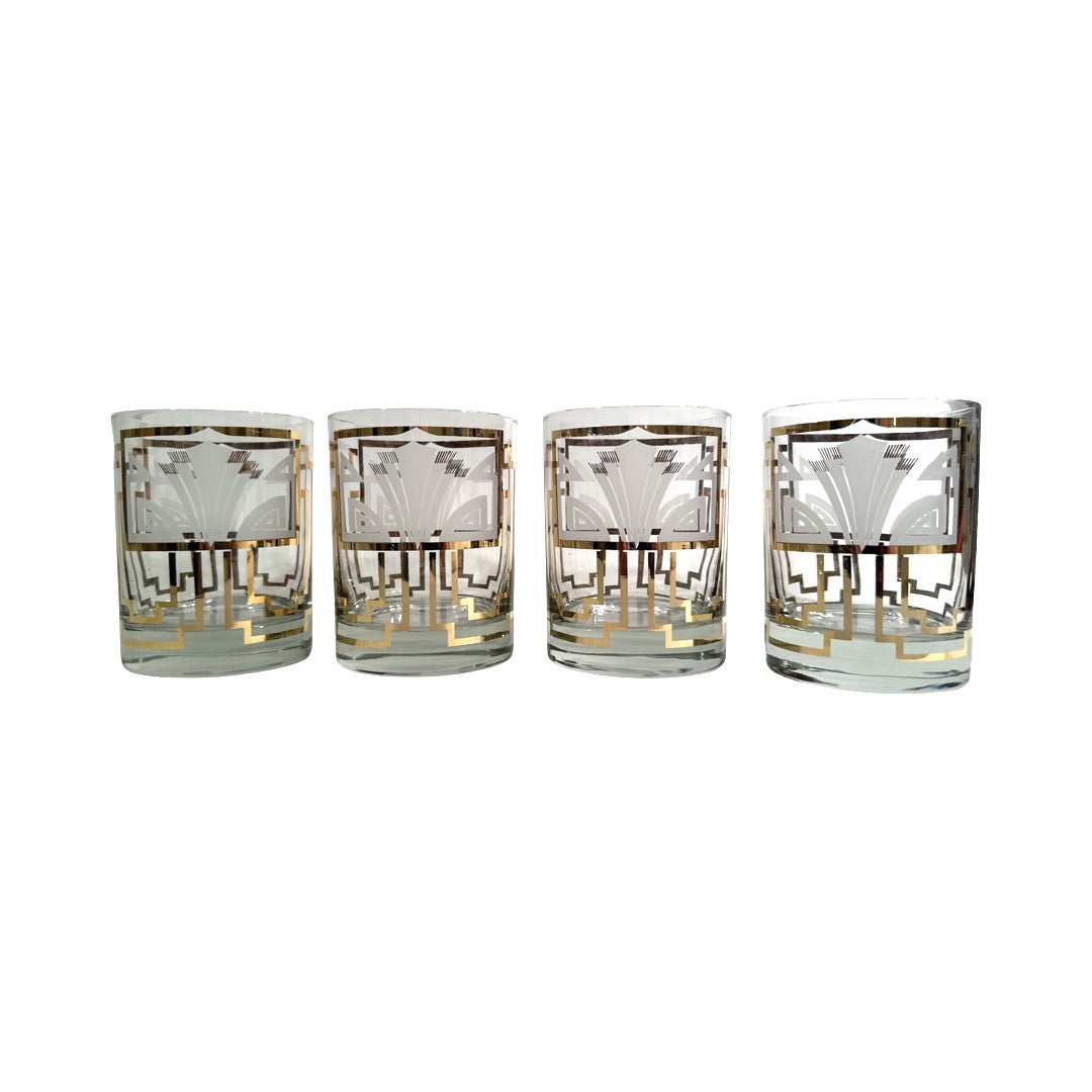 Georges Briard Signed Golden Art Deco Double Old Fashion Glasses (Set of 4)