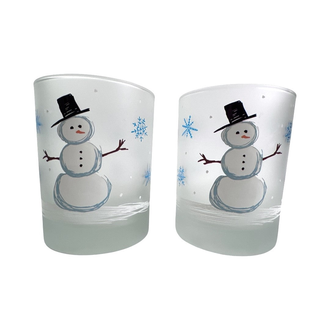 Culver Signed Mid-Century Holiday Snowman Double Old Fashion Glasses (Set of 2)