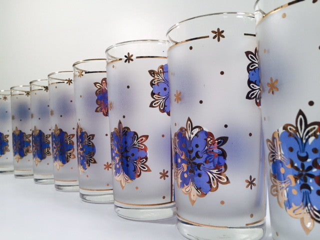 Libbey - Mid-Century Blue and 22-Karat Gold Star/Snowflake Glasses (Se