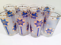 Libbey - Mid-Century Blue and 22-Karat Gold Star/Snowflake Glasses (Se