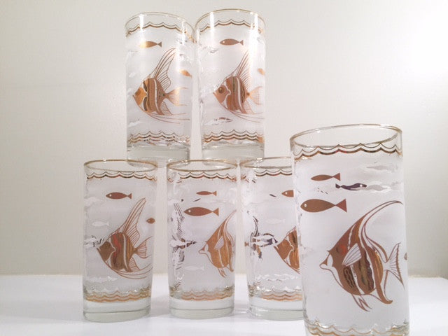 6 Vintage Cocktail Glasses with Gold and White Designs, Libbey