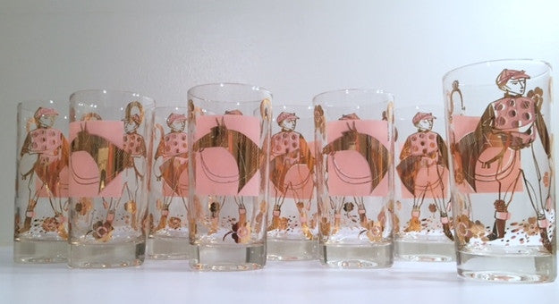 Fred Press - Mid-Century Signed Pink & 22-Karat Gold Jockey & Horse Glasses (Set of 8)