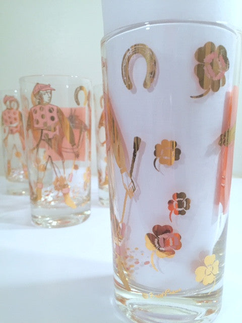 1950s mid century modern tumblers pink rose with gold Fred Press - Mid-Century Signed Pink & 22-Karat Gold Jockey & Horse Gl