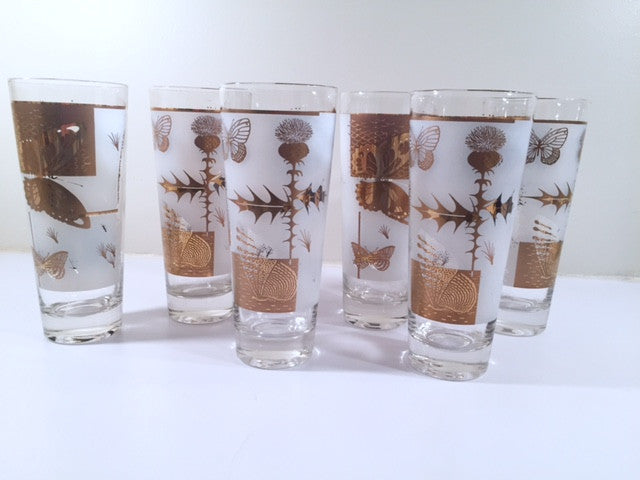 Federal - Mid-Century Frosted 22-Karat Golden Foliage Tall Collins Glasses (Set 6)