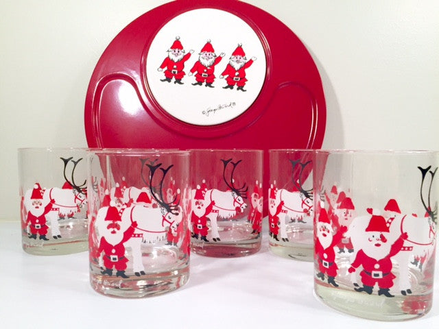 Georges Briard - Signed Mid-Century Elf and Reindeer 7-Piece Set (6 Highball Glasses and Appetizer Tray)