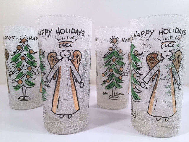 John Sutton - Signed Mid-Century Angel and Christmas Tree Flocked Glasses (Set of 4)